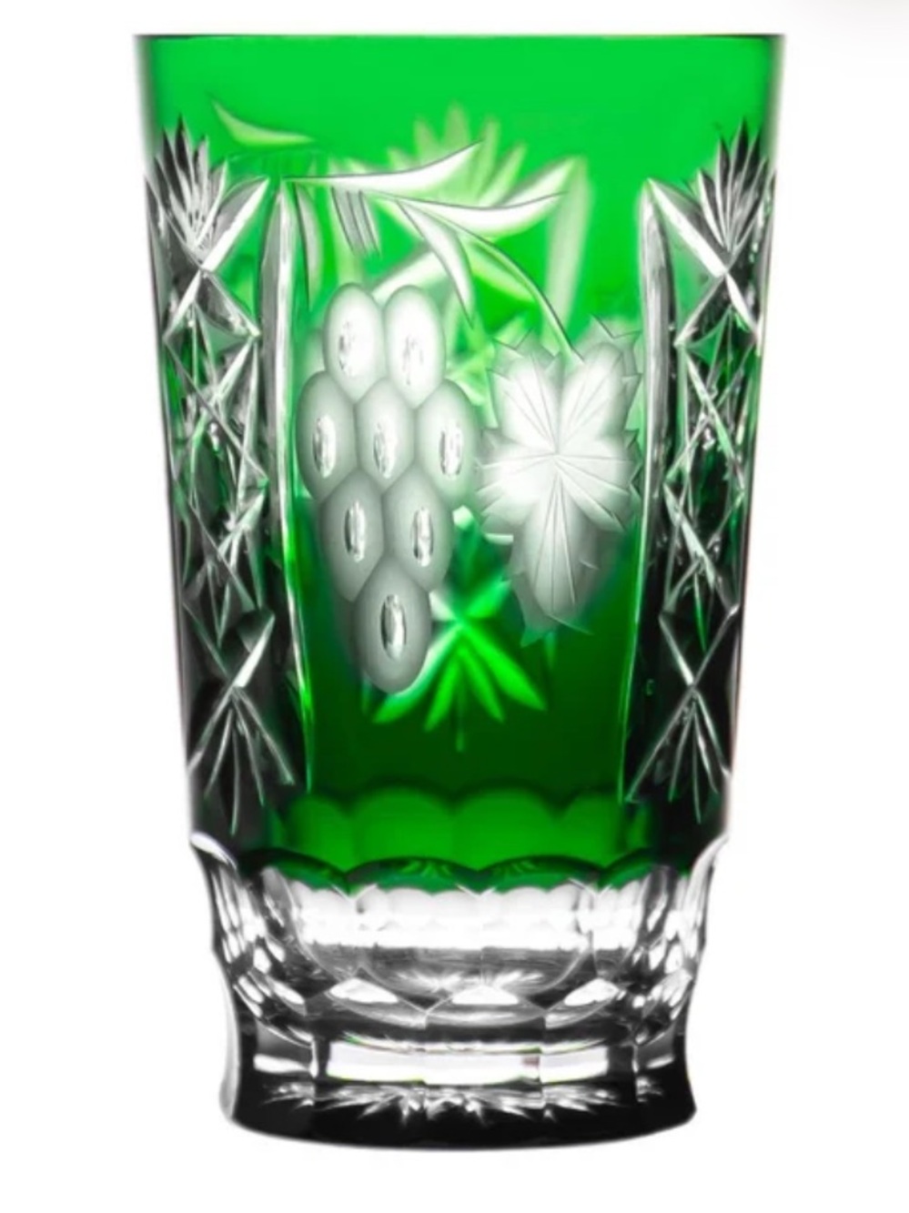 Emerald Cut-Glass Highball Tumbler with Grape Motif